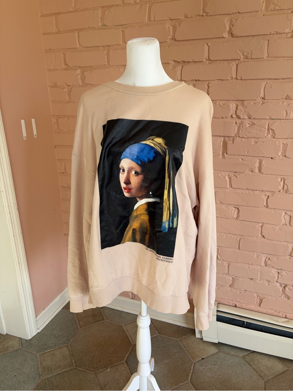 Forever 21 Cream Graphic Sweatshirt with Girl with a Pearl Earring Print